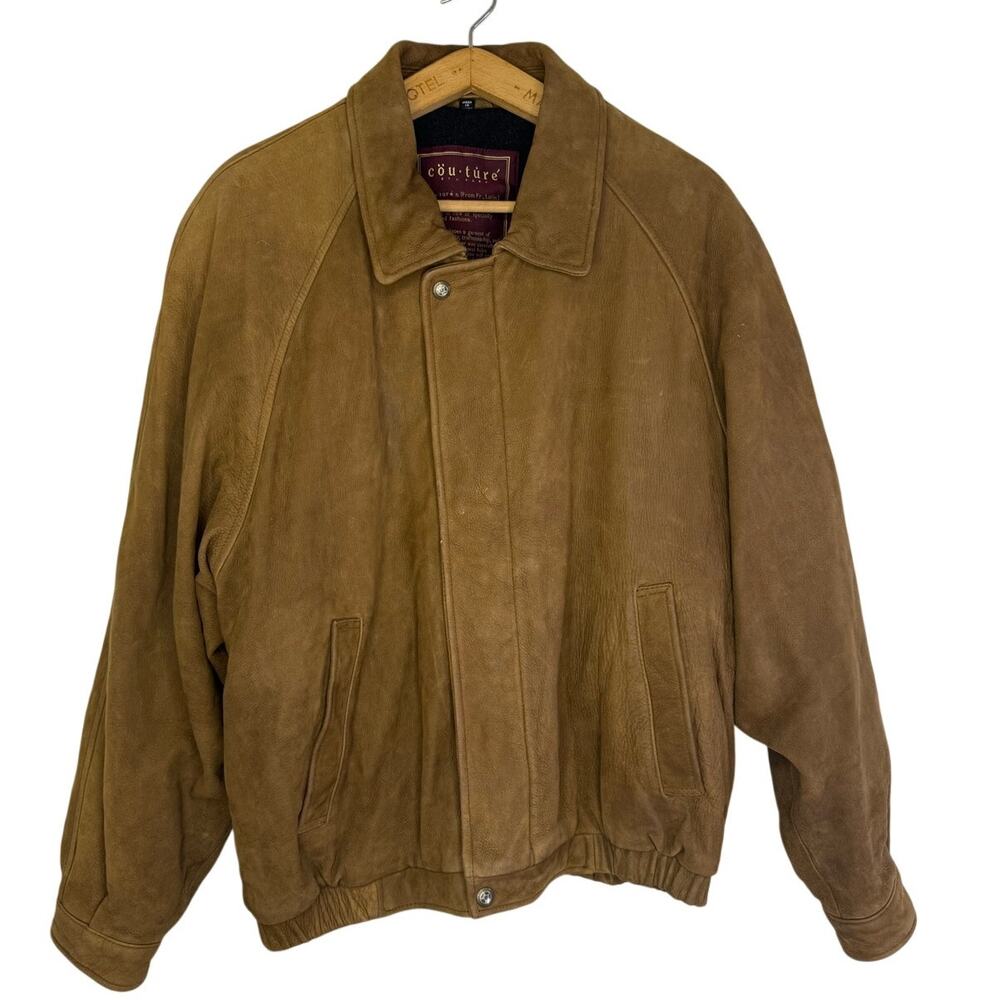 VTG By J Park Couture Tan Brown Genuine Leather Bomber Jacket Men's Large